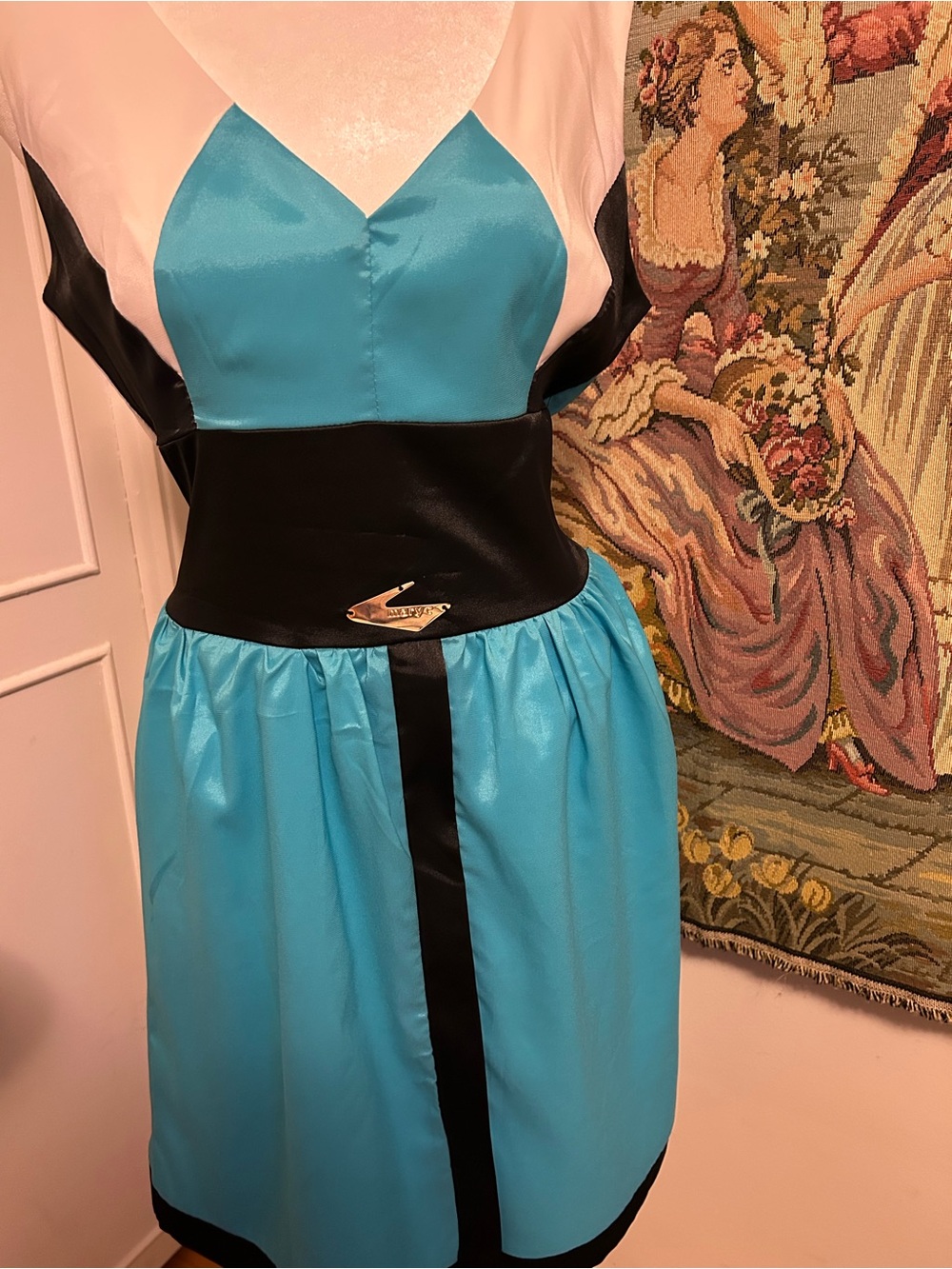 Blue and Black Satin Midi Dress with Contrast Waist Detail